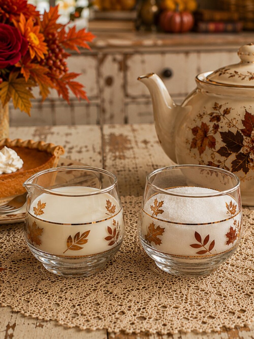 Vintage Libbey Glass Cream and Sugar in the Golden Foliage Pattern